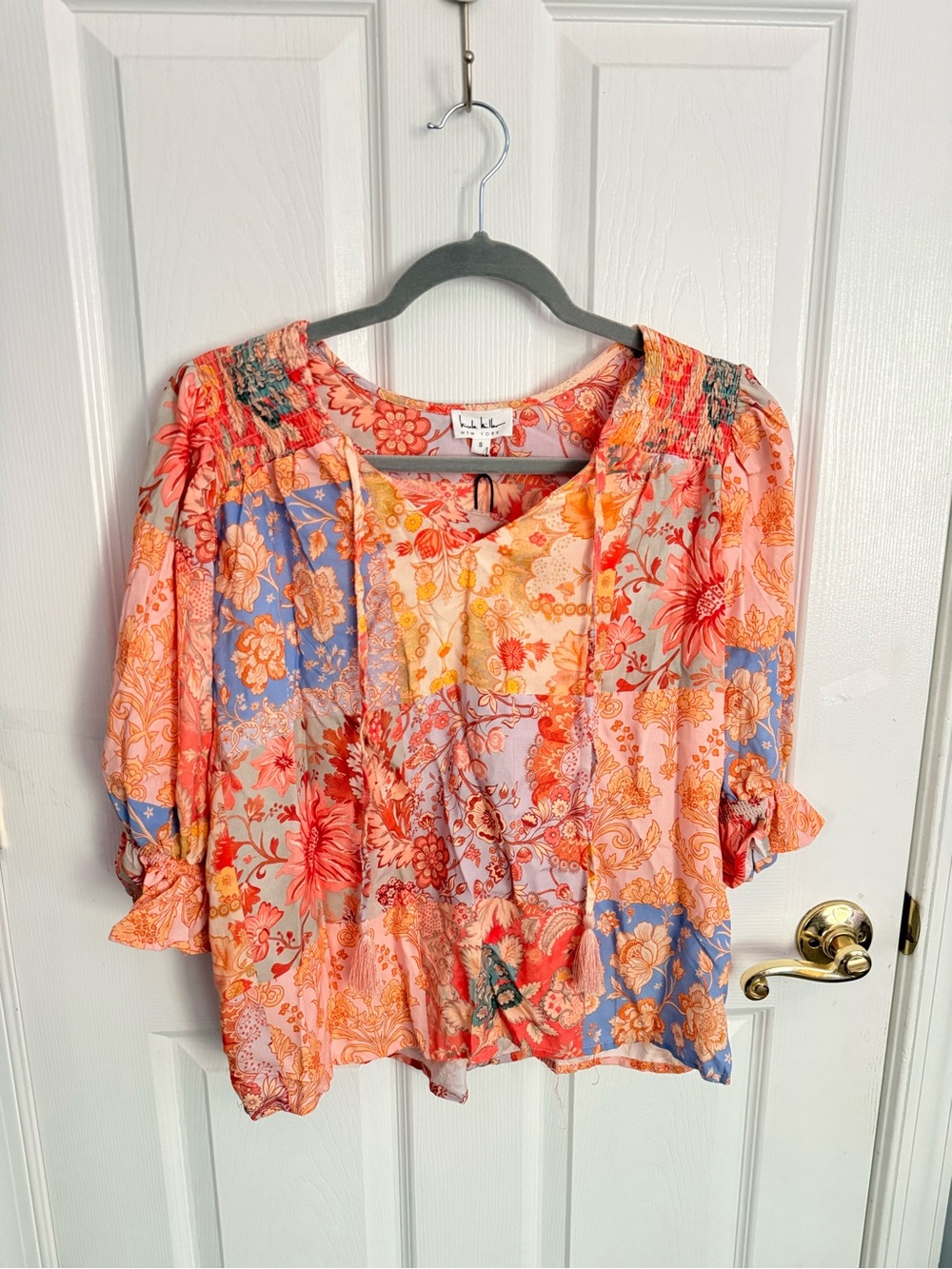 Nicole Miller Coral Pink Multi Floral Patchwork Peasant Top